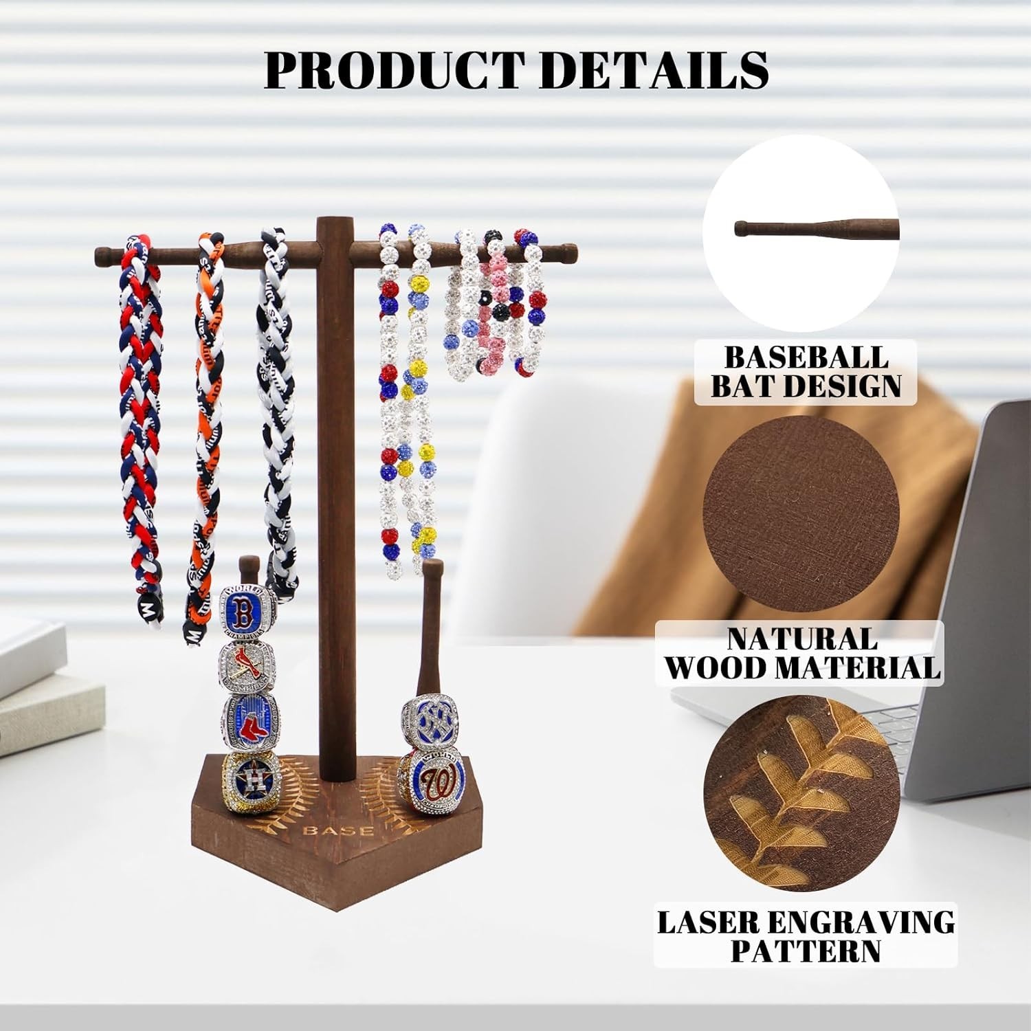 Wooden Baseball/Softball Drip Necklace Organizer Holder Championship Ring