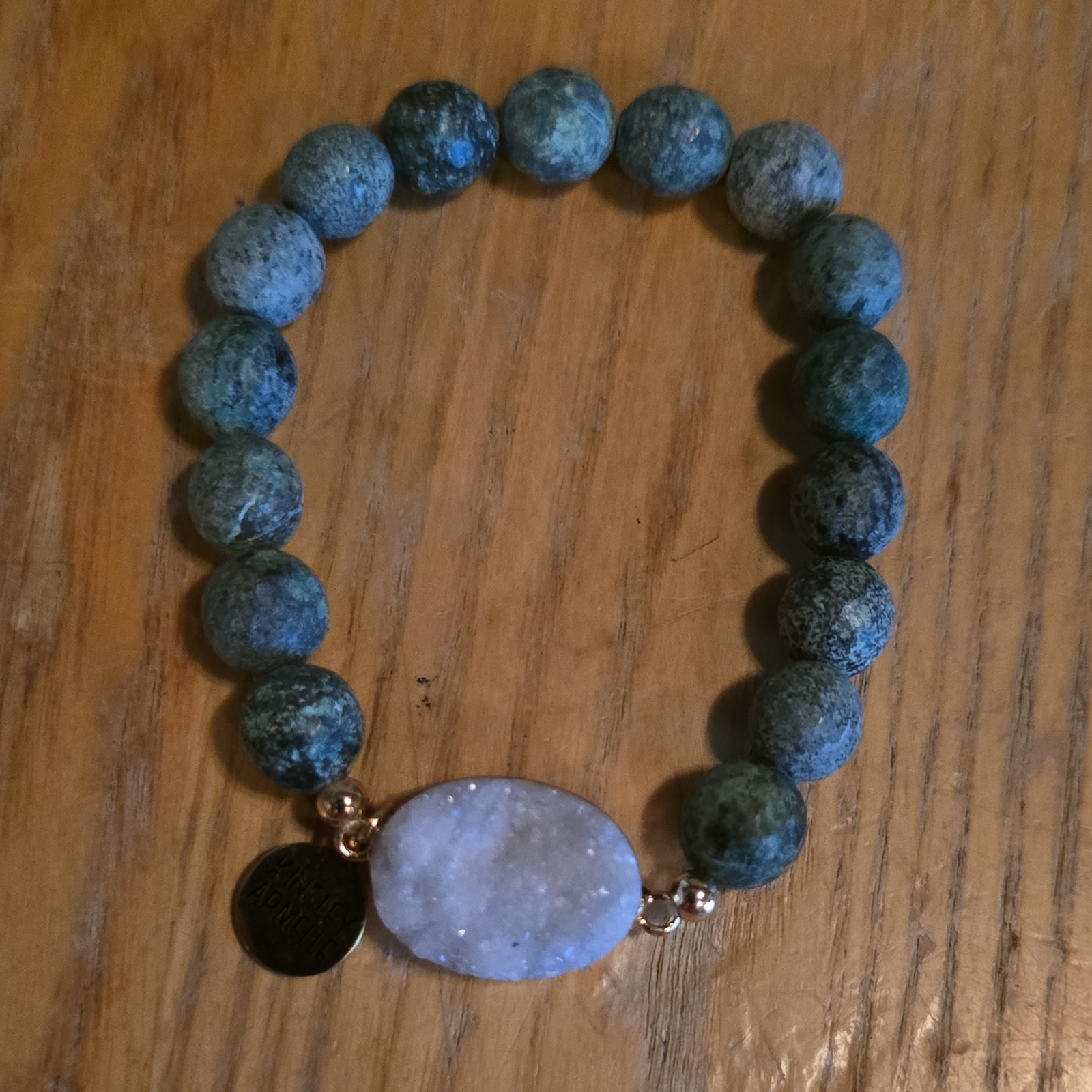 Kinsley Armelle Blue Beaded Stretch Bracelet Oval White Druzy Dangle Signed