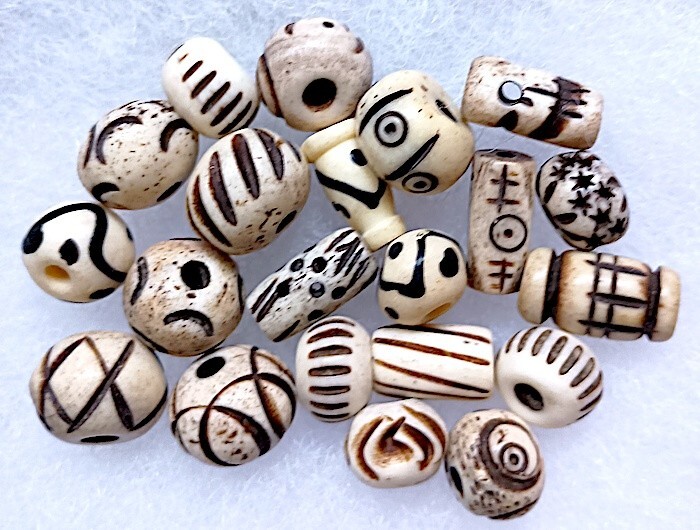Buffalo Bone Beads, Small, 20 Pcs, Asst Shapes and Designs, White, 8 mm Average