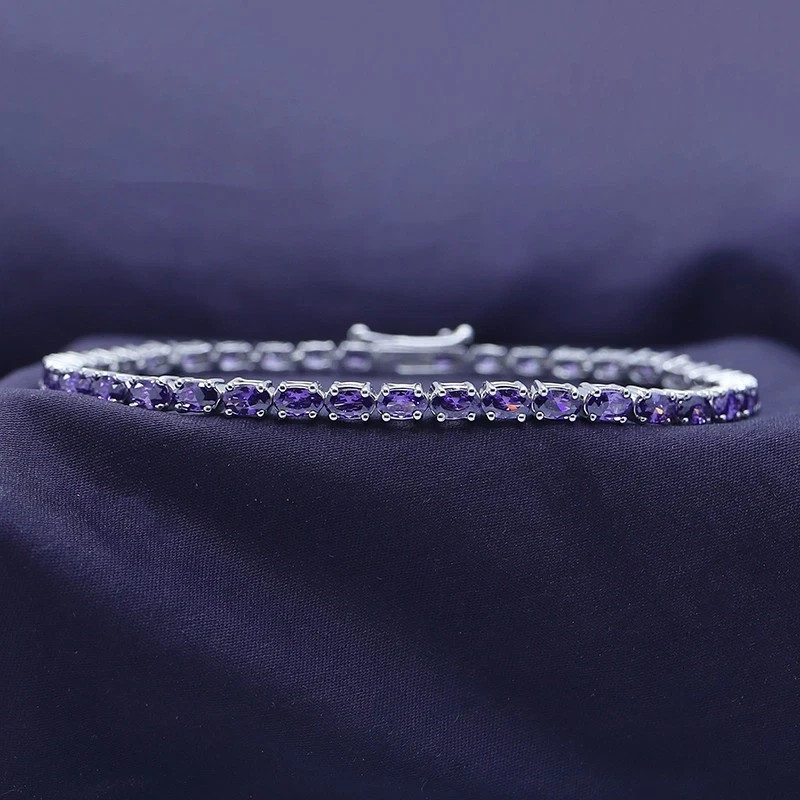 9Ct Lab Created Oval Cut Amethyst 14k White Gold Plated Tennis Bracelet 7.25″”