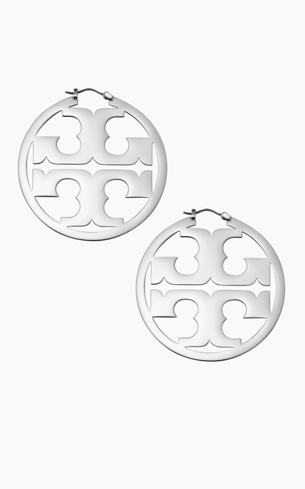 Tory Burch Silver Tone Cutout Logo Round Hoop Earrings Latch Back Closure