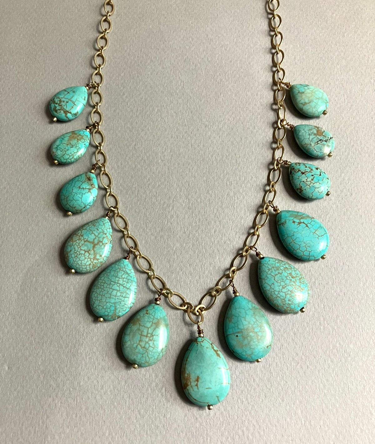 Handmade Blue Green MAGNESITE and MATTE Gold Plated Statement Necklace 24 in