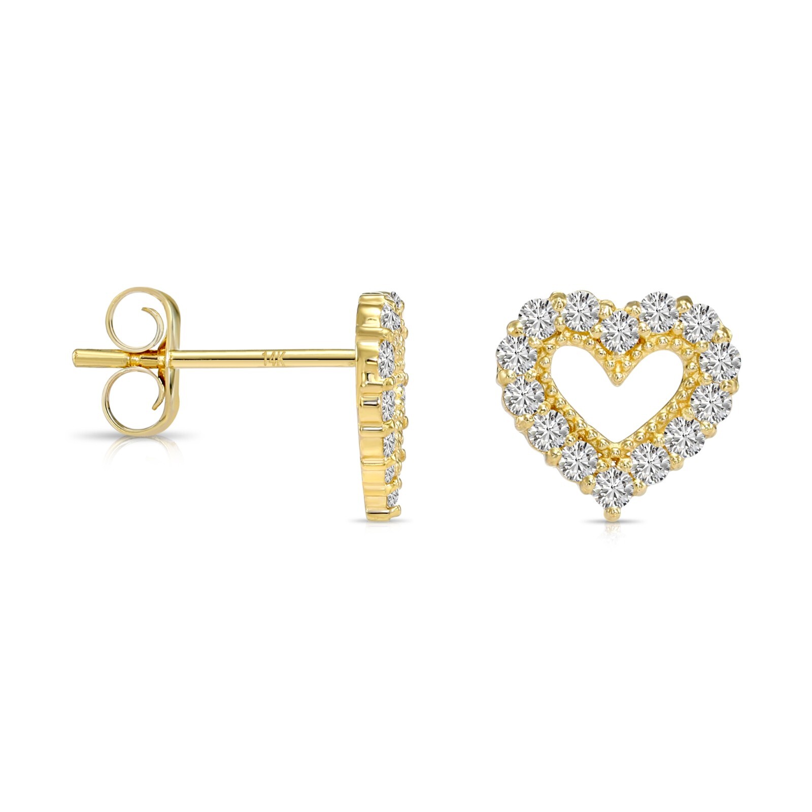 14K Real Solid Gold .252 Ct Diamond Open Heart Stud Earrings Push-back Lab Grown