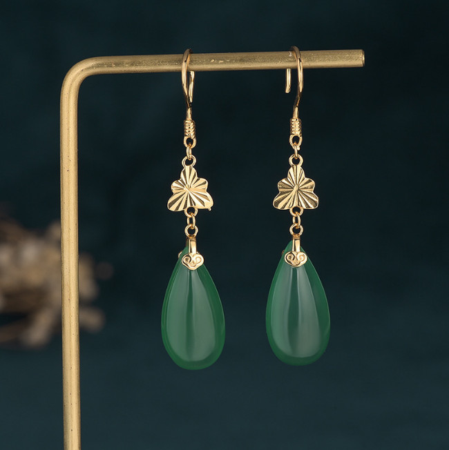 Jade Drop Dangle Earrings Flower Gemstone Boho Minimalist Hook 18K Gold Plated