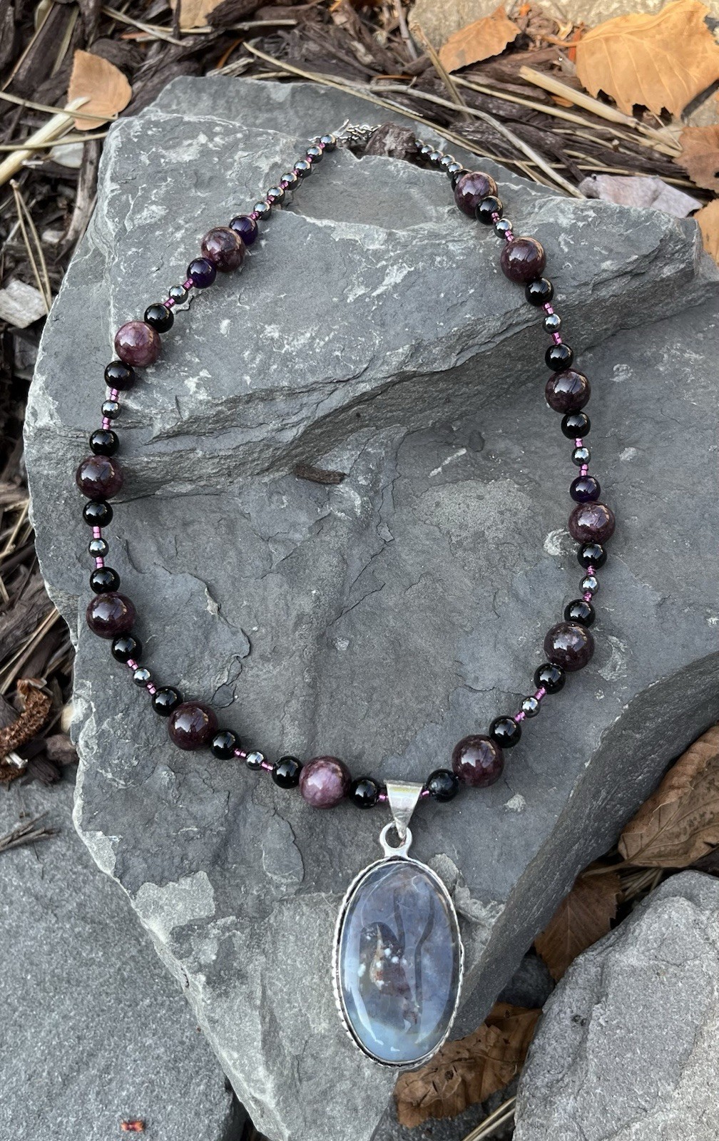 Agate 925 Pendant Necklace with Genuine Garnet, Black Accents & Hematite 18.5″