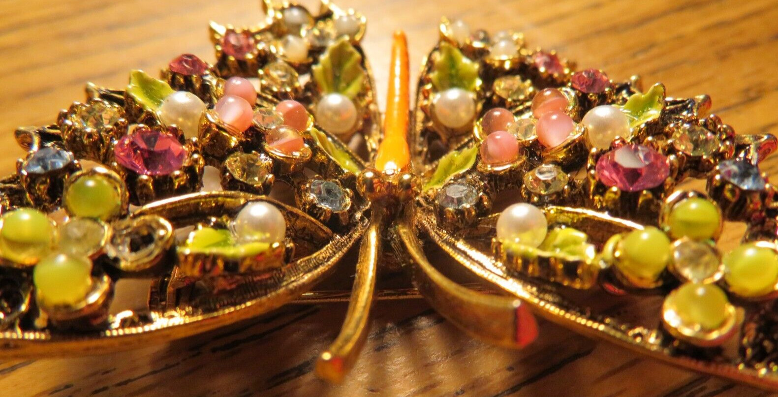 Vintage ART Arthur Pepper Butterfly Brooch Rhinestone Pearl Colorful Beauty
