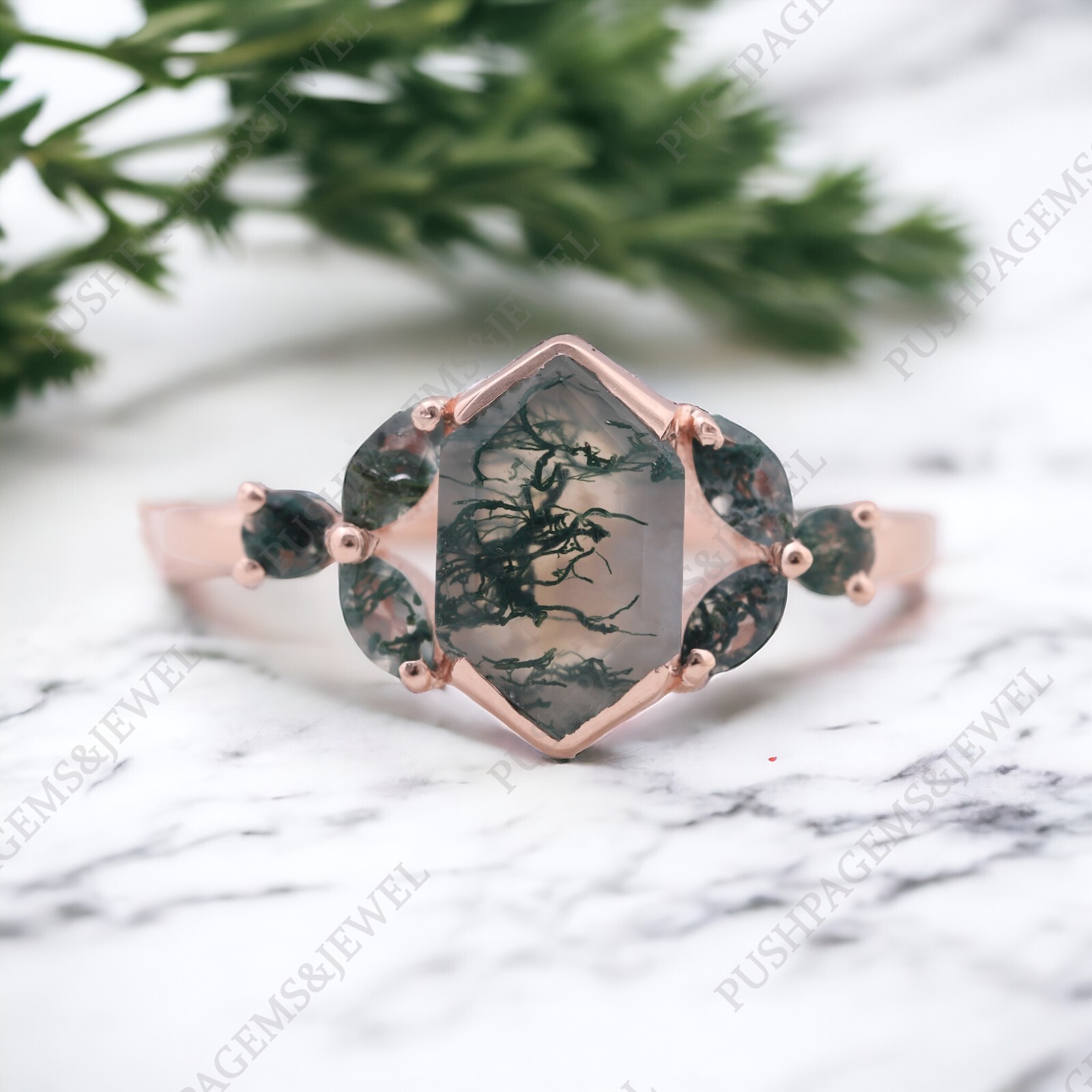 925 Sterling Silver 8×6 mm Hexagon Shape Natural Moss Agate Ring