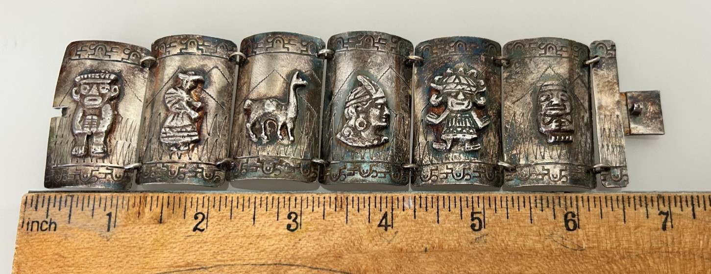 Vintage Peruvian Sterling Silver Panel Storyteller Bracelet 925 Signed AS 69g