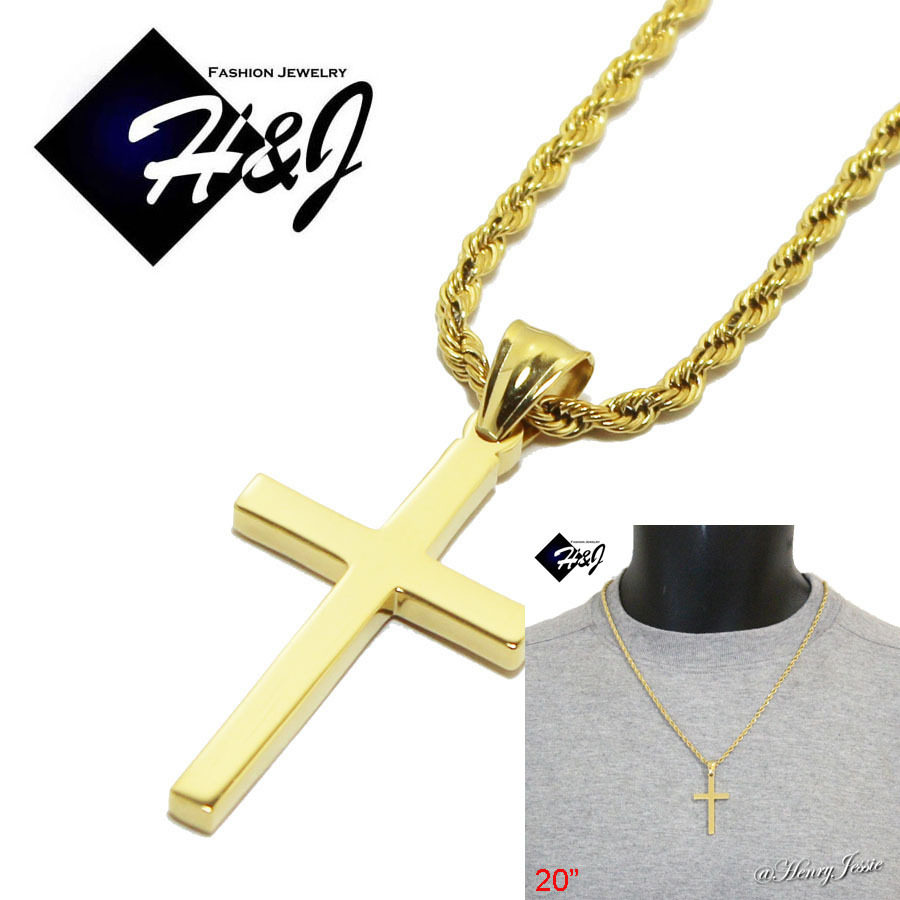 20″MEN Stainless Steel 2.5mm Gold Plated Rope Chain Necklace Cross Pendant*GP