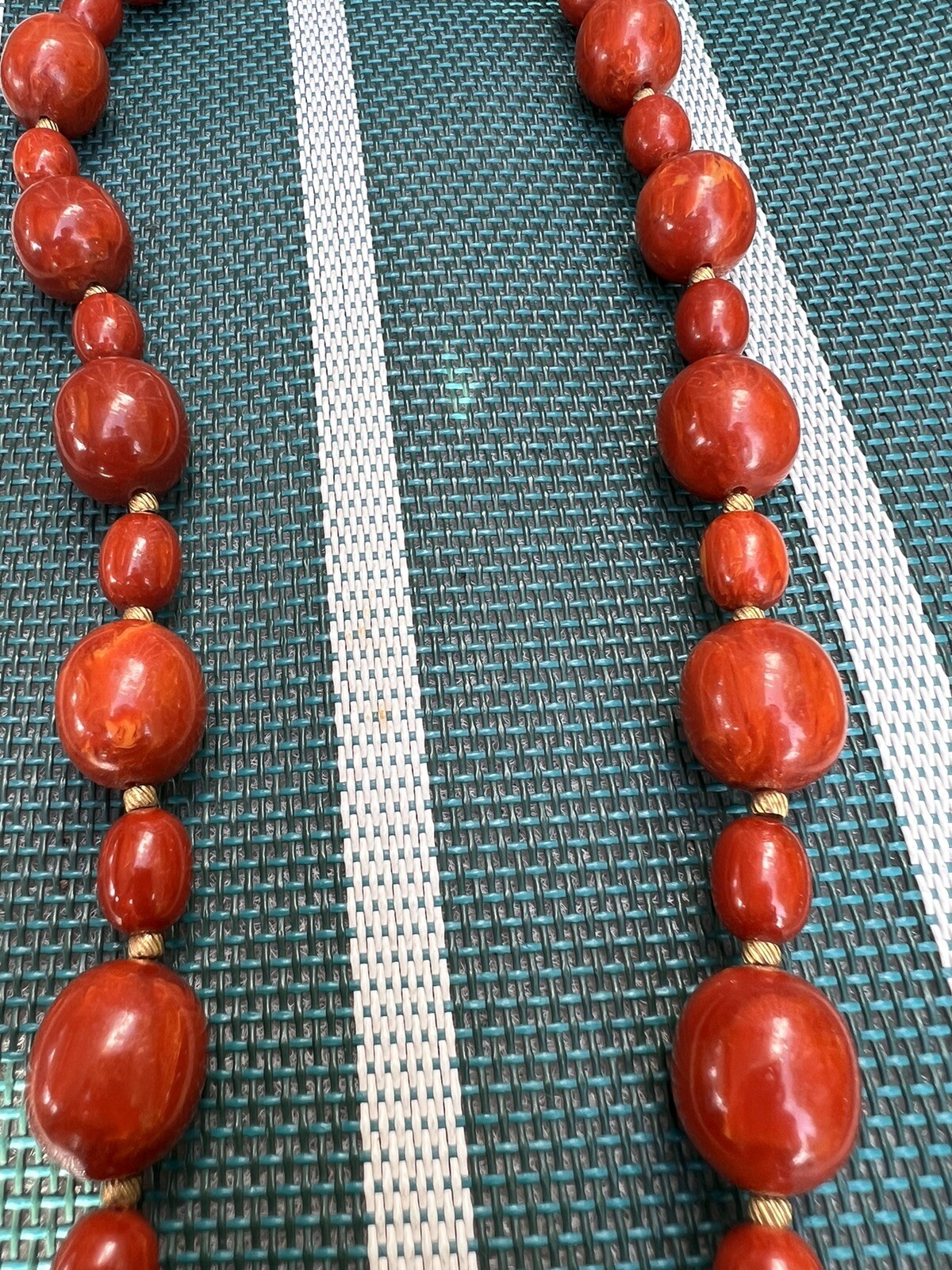 Vintage Bakelite Red Oval Swirl Bead Necklace 83.5 Grams 28.5″