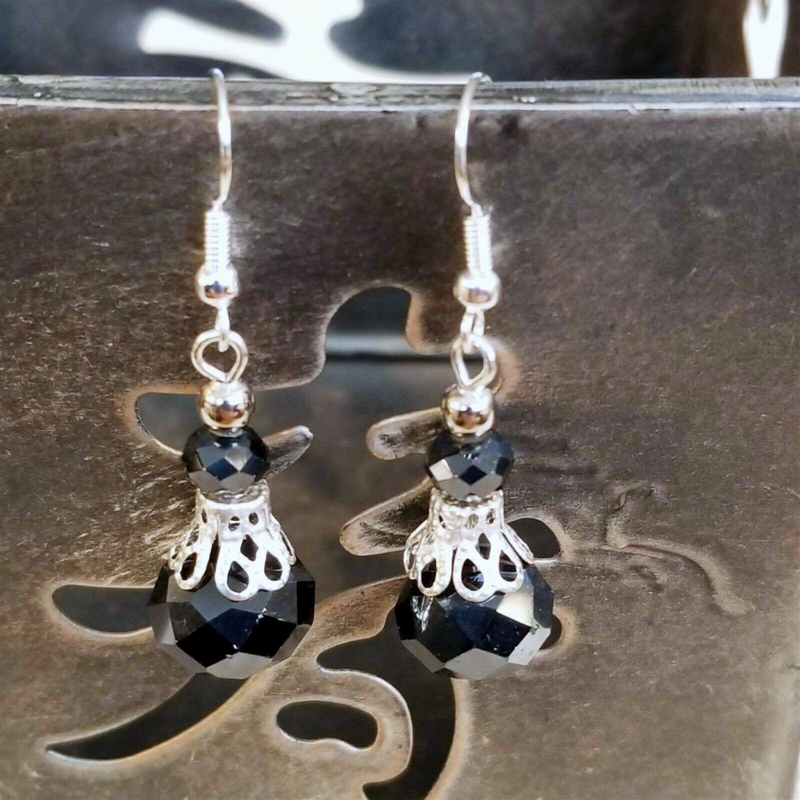 Victorian Black Crystal Silver Filigree Basket Handcrafted Earrings