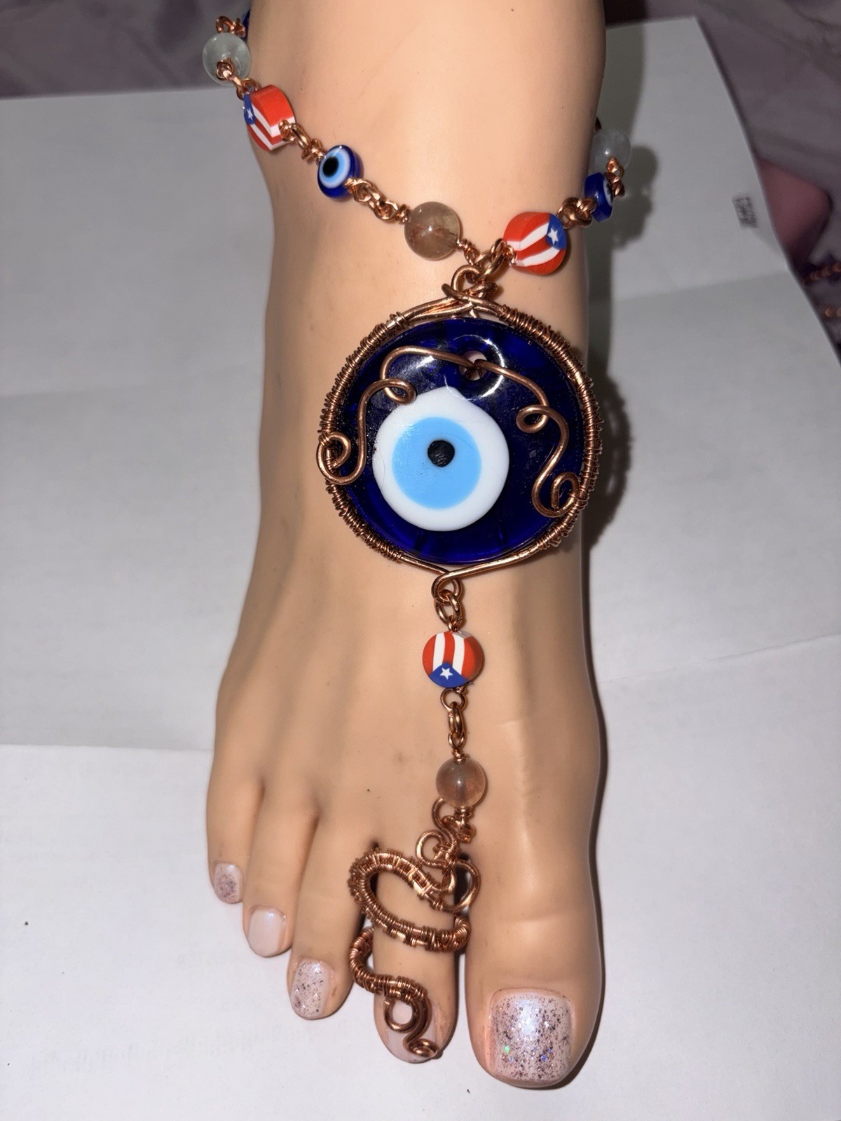 Puerto Rican Evil Eye Barefoot Sandal Tassel Earring Copper Wire Protection Set