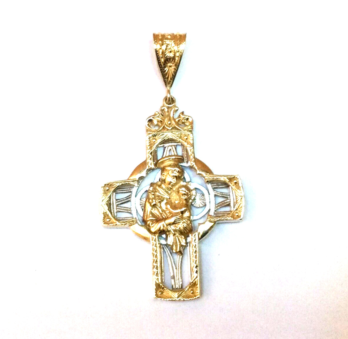 10k Yellow White Gold Heavy Celtic Double Sided Cross Pendant 28.5 Grams