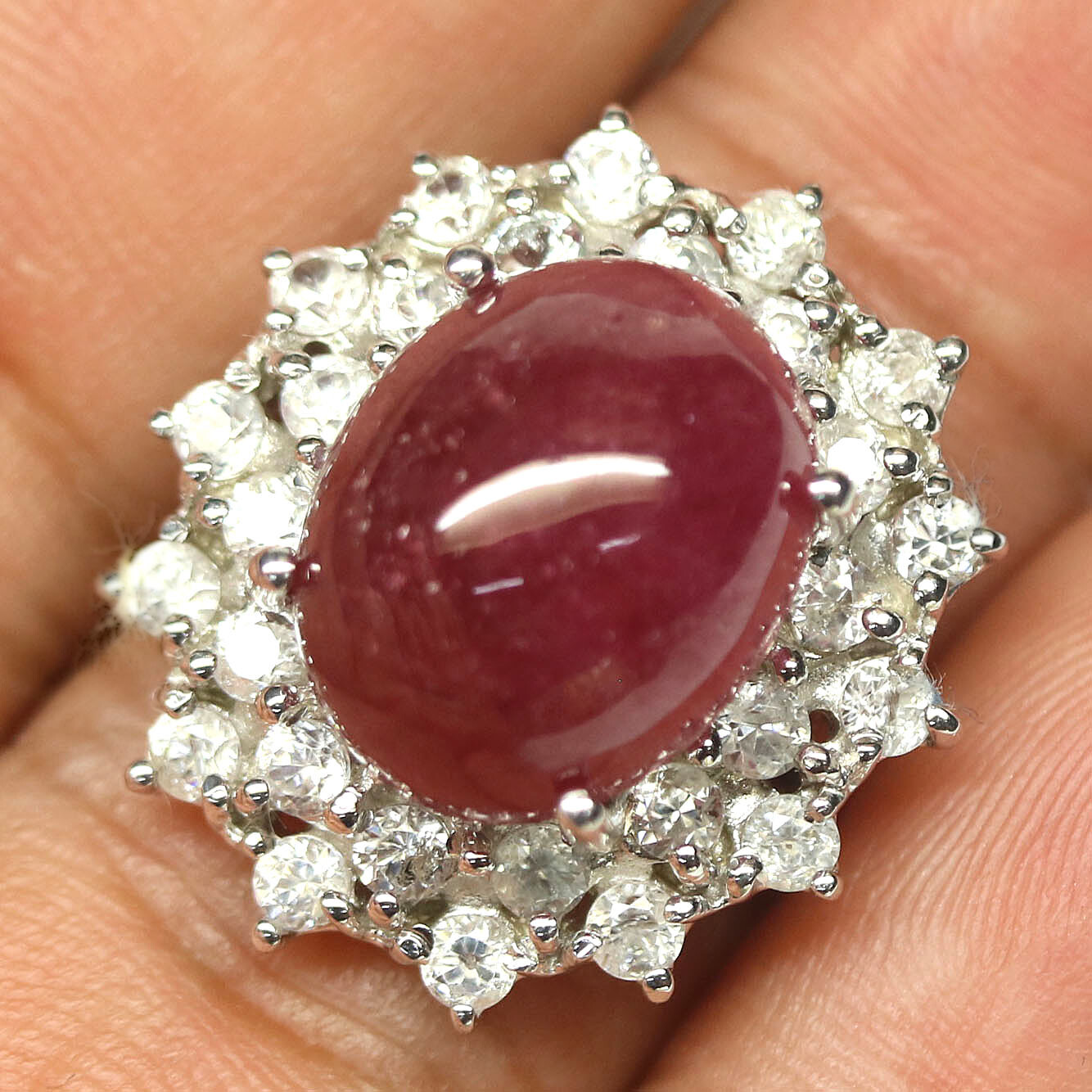 Gemstone 12 x 15 mm. Red Ruby & White Zircon Jewelry Ring 925 Silver Size 6.5
