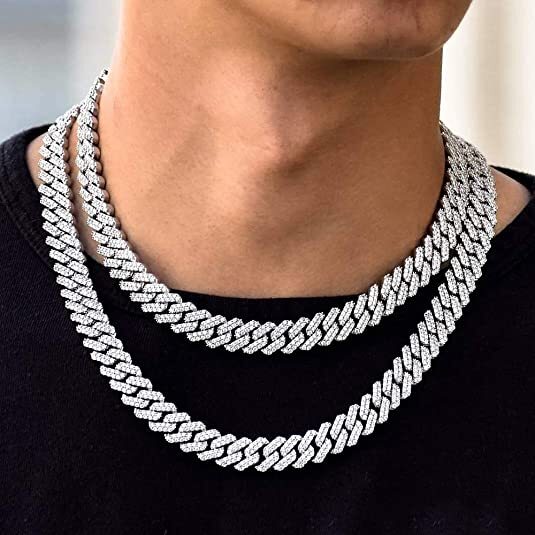 White Gold Plated Iced CZ Out Stainless Steel Miami Cuban Link Bracelet Or Chain