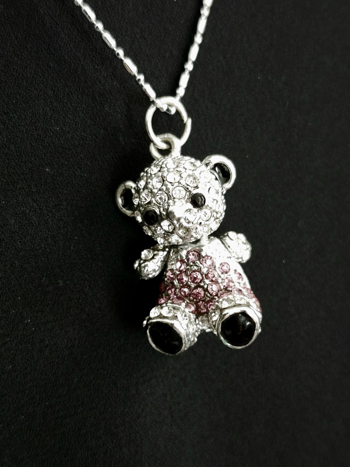 Silver Toned Teddy Bear Chrystal Pendant Necklace With Moving Head Pink White S