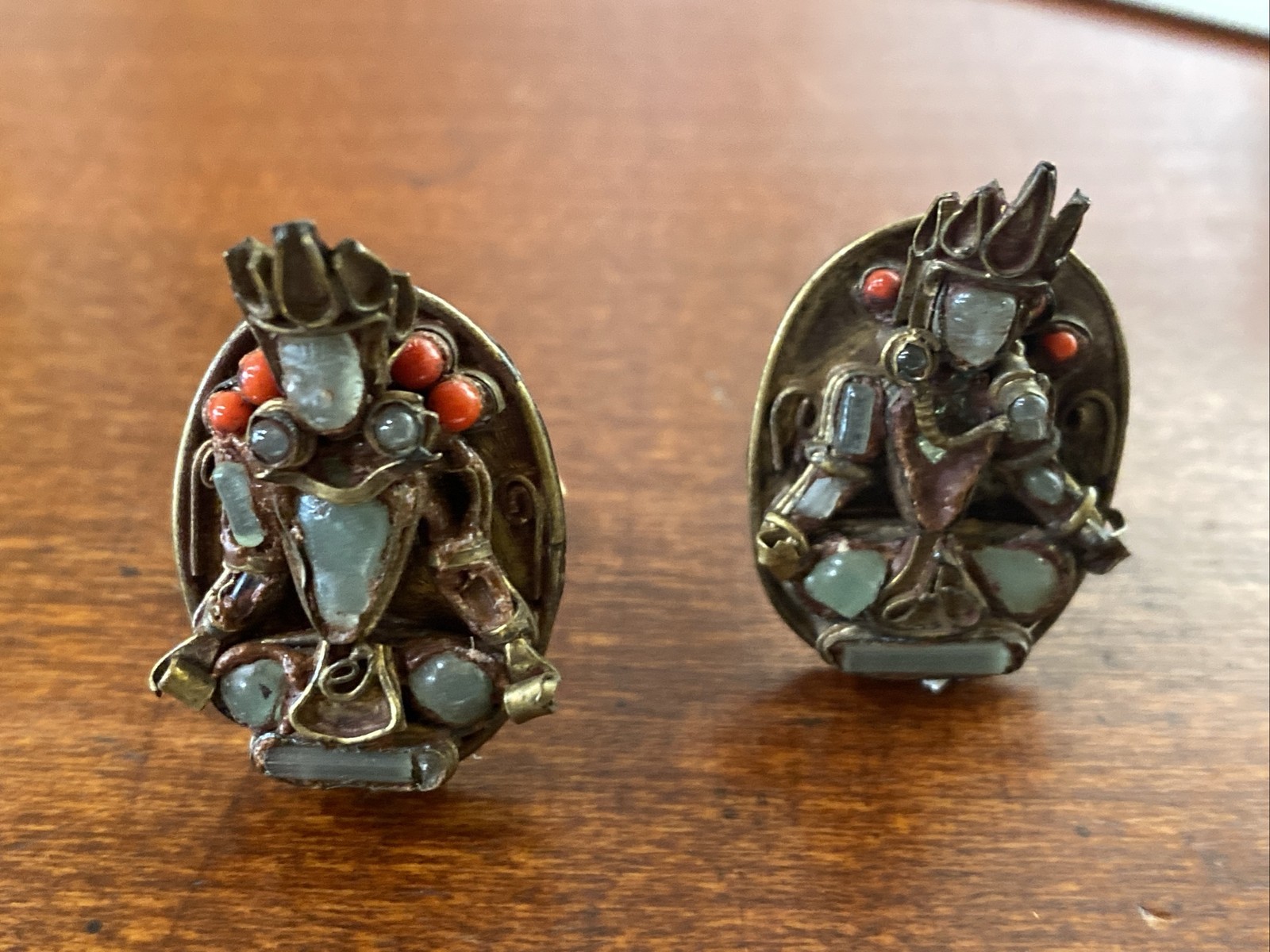 Nepal Carved Face Sitting Deity Cuff links Unisex Glass Figural Brass Artisan