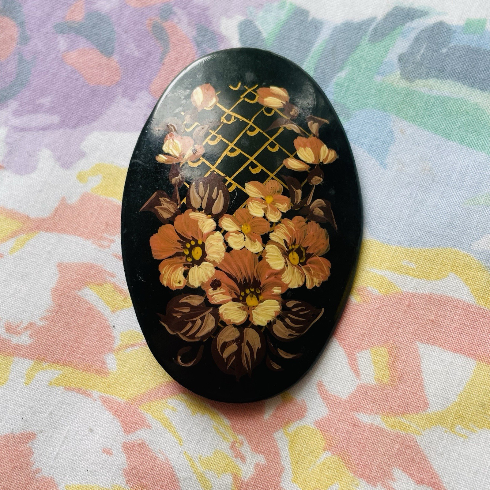 Vintage Hand Painted Russian Lacquer Brooch Pin Artist Signed Black Floral