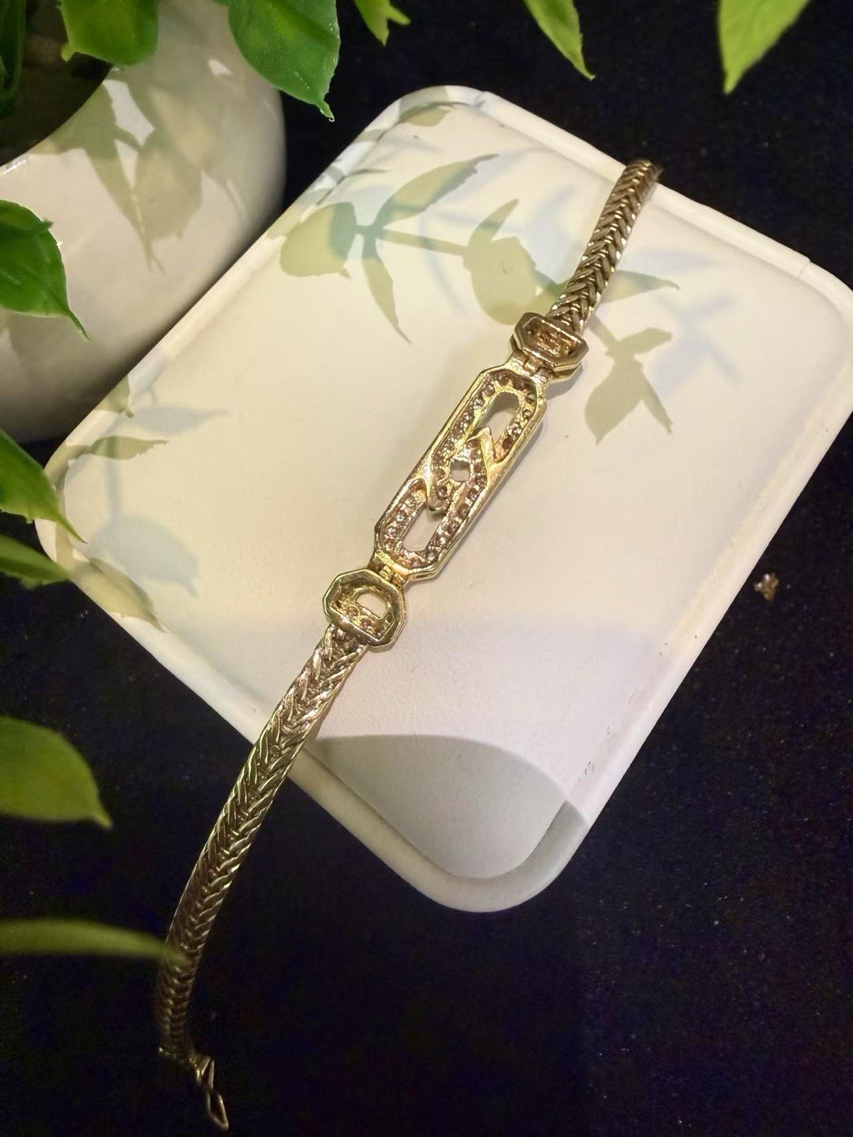 14K Yellow Gold Diamond Paperclip Link Wheat Chain Bracelet