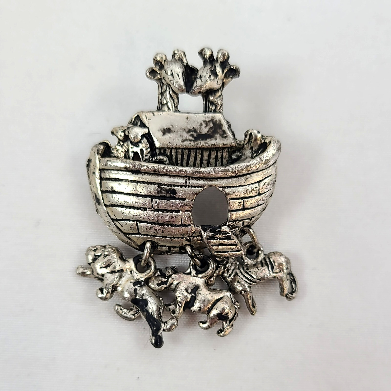 VTG Noahs Ark Biblical Pewter Brooch Pin w 3 Dangle Animal Charms Bible Story