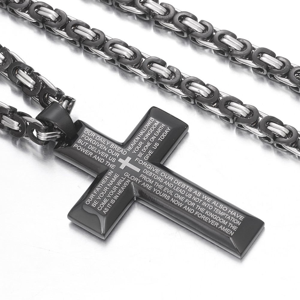 Men’s Black Stainless Steel Scripture Cross Pendant Necklace Byzantine Chain