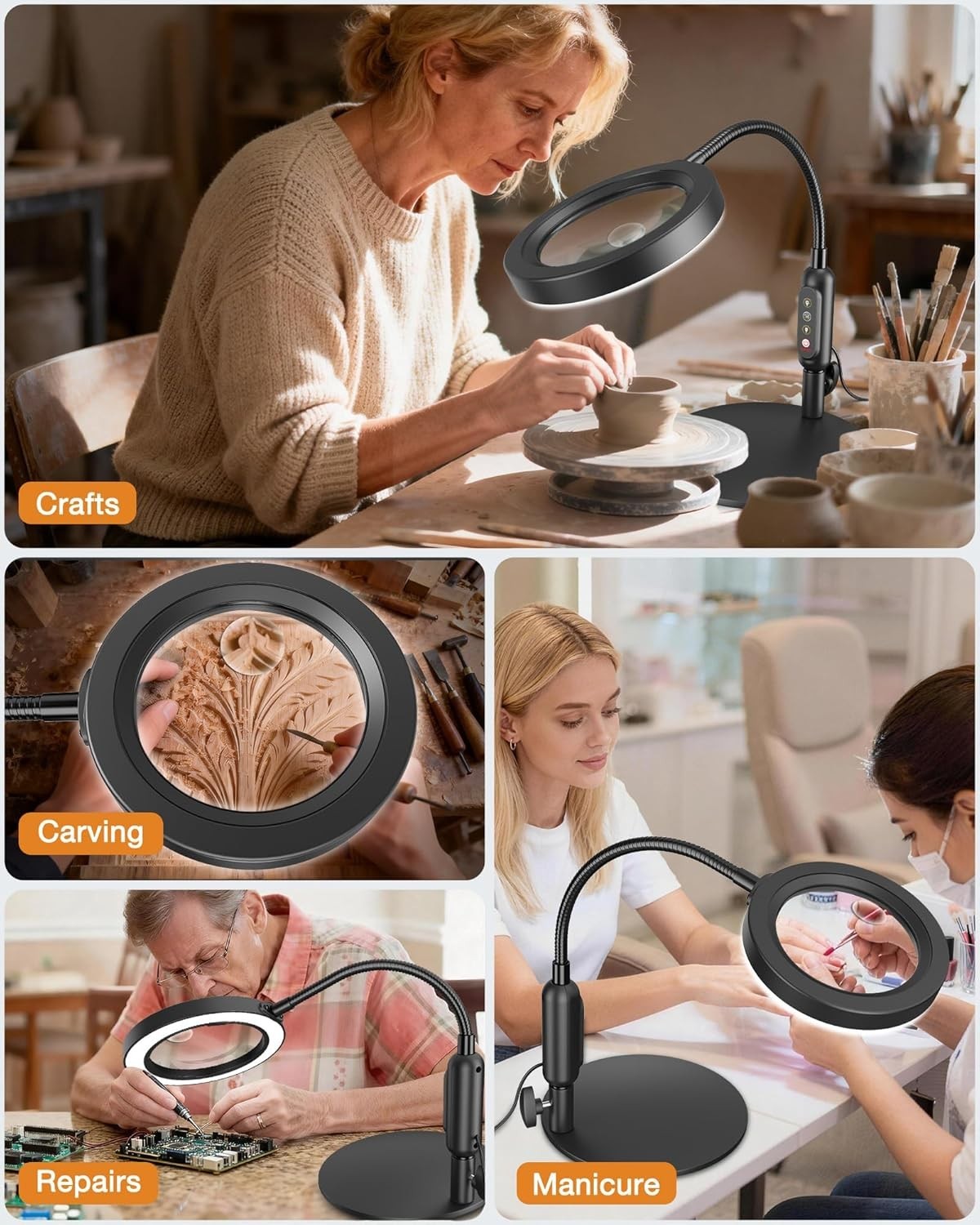 30X 10X Magnifying Glass with Light and Stand, 5 Color Modes Stepless Dimmable,