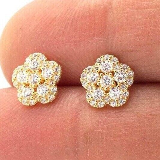 Pretty Flower Fancy Stud Earring Round Simulated Diamond 14k Yellow Gold Plated