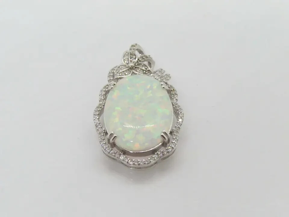 3Ct Oval Cut Fire Opal Pendant 14K White Gold Finish