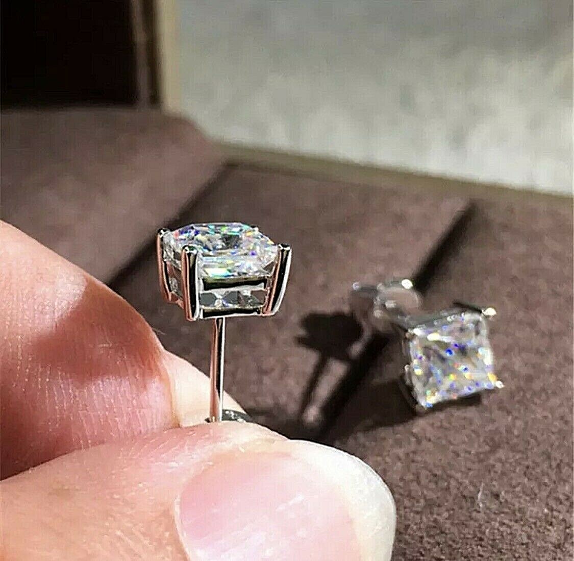 2 Ct Princess Cut VVS1/D Lab Created Stud Earrings 14k White Gold 6mm Push Back