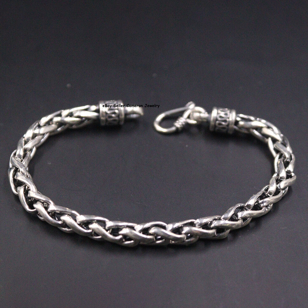 Pure S925 Sterling Silver Bracelet Men 6mm Cross Wheat Link Chain 20-21g 7.9inch