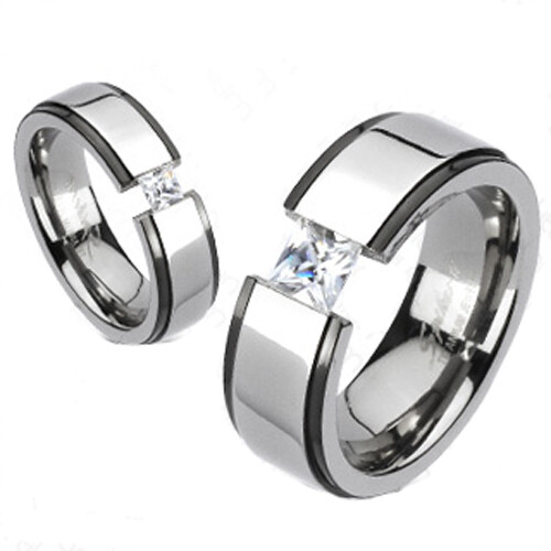 Titanium Black Edged Princess Cut Floating CZ Wedding Band Ring Size 5-13