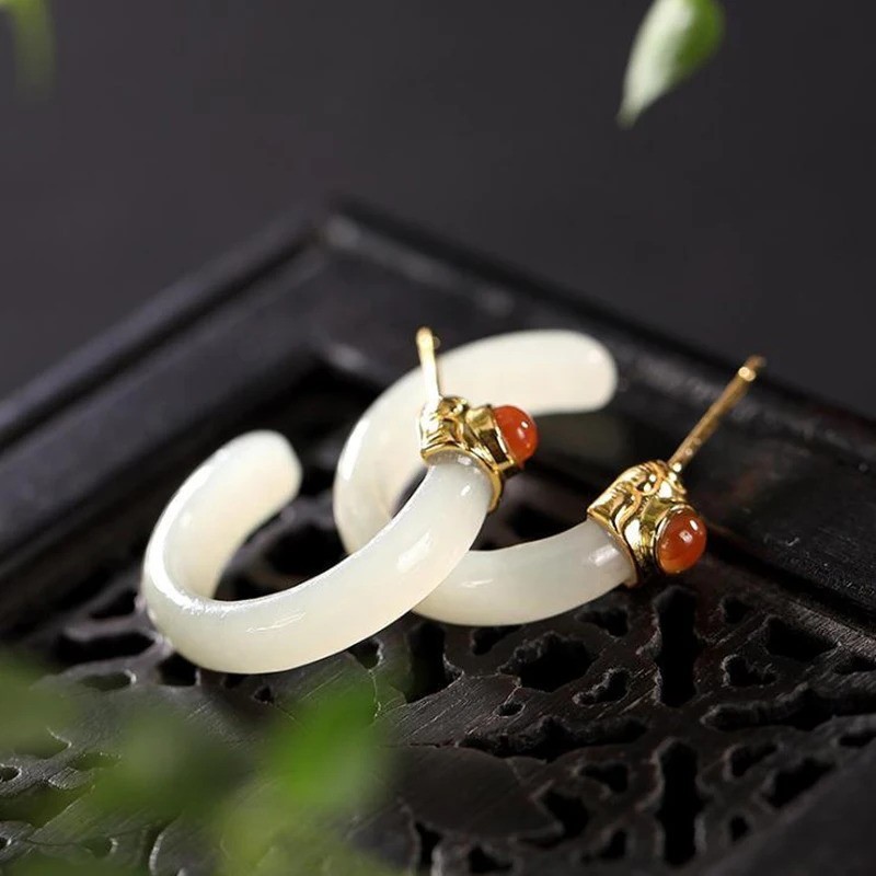 Natural White Jade Gemstone Hoop Earrings 925 Sterling Silver