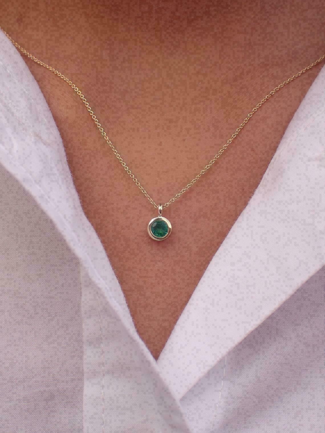 1Ct Round Cut Simulated Solitaire Emerald Pendant Necklace 14k Yellow Gold Over