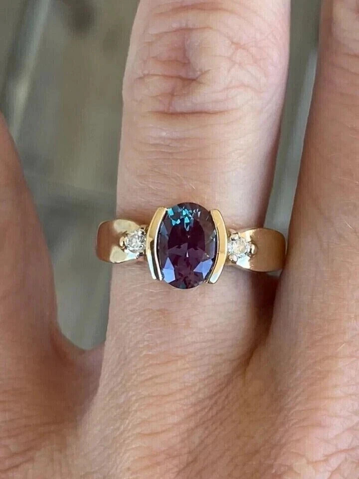 2.85 Ct Oval Cut Natural Alexandrite & Diamond Wedding Ring 14K Yellow Gold