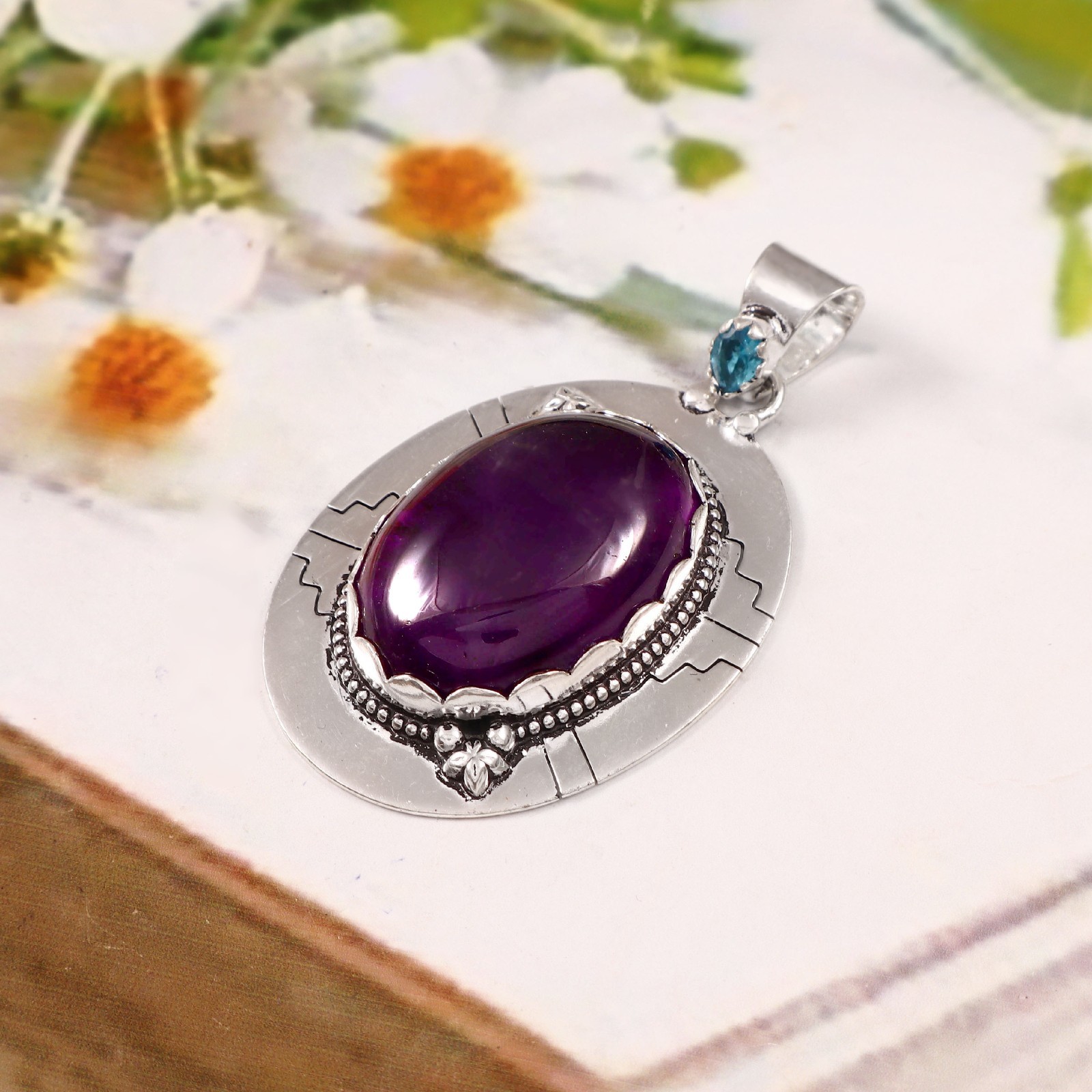 Amethyst & Blue Topaz Pendant 925 Sterling Silver Handmade Necklace