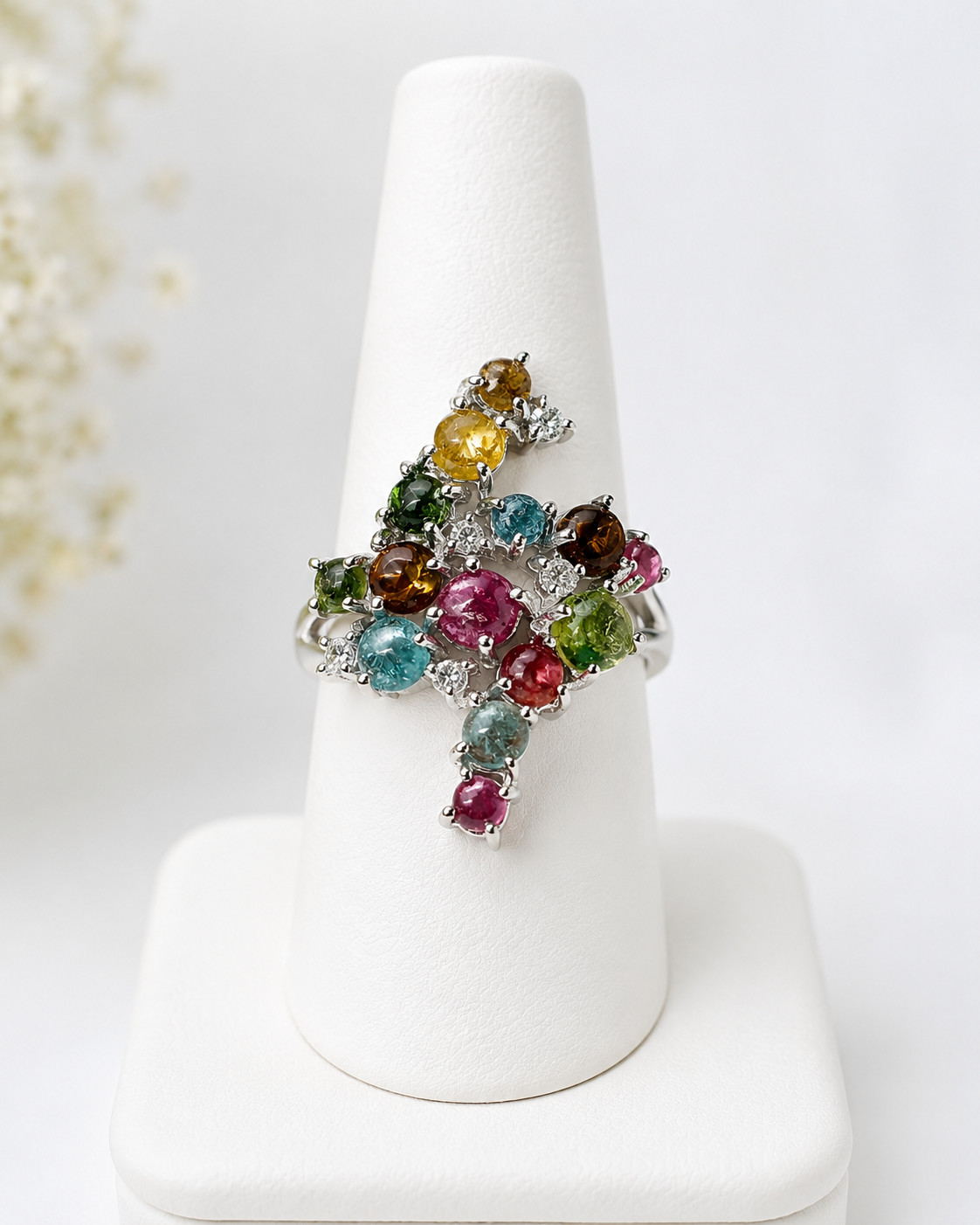 Multi-Gemstone Tourmaline Cluster Ring (6) Multicolor Oblong Colorful Style NEW!