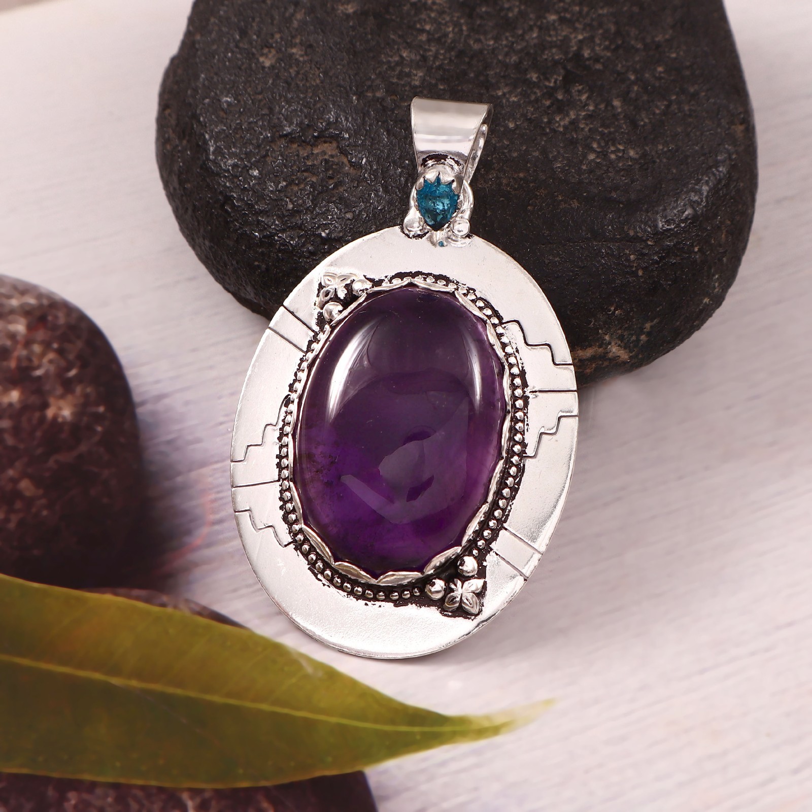 Amethyst & Blue Topaz Pendant 925 Sterling Silver Handmade Necklace