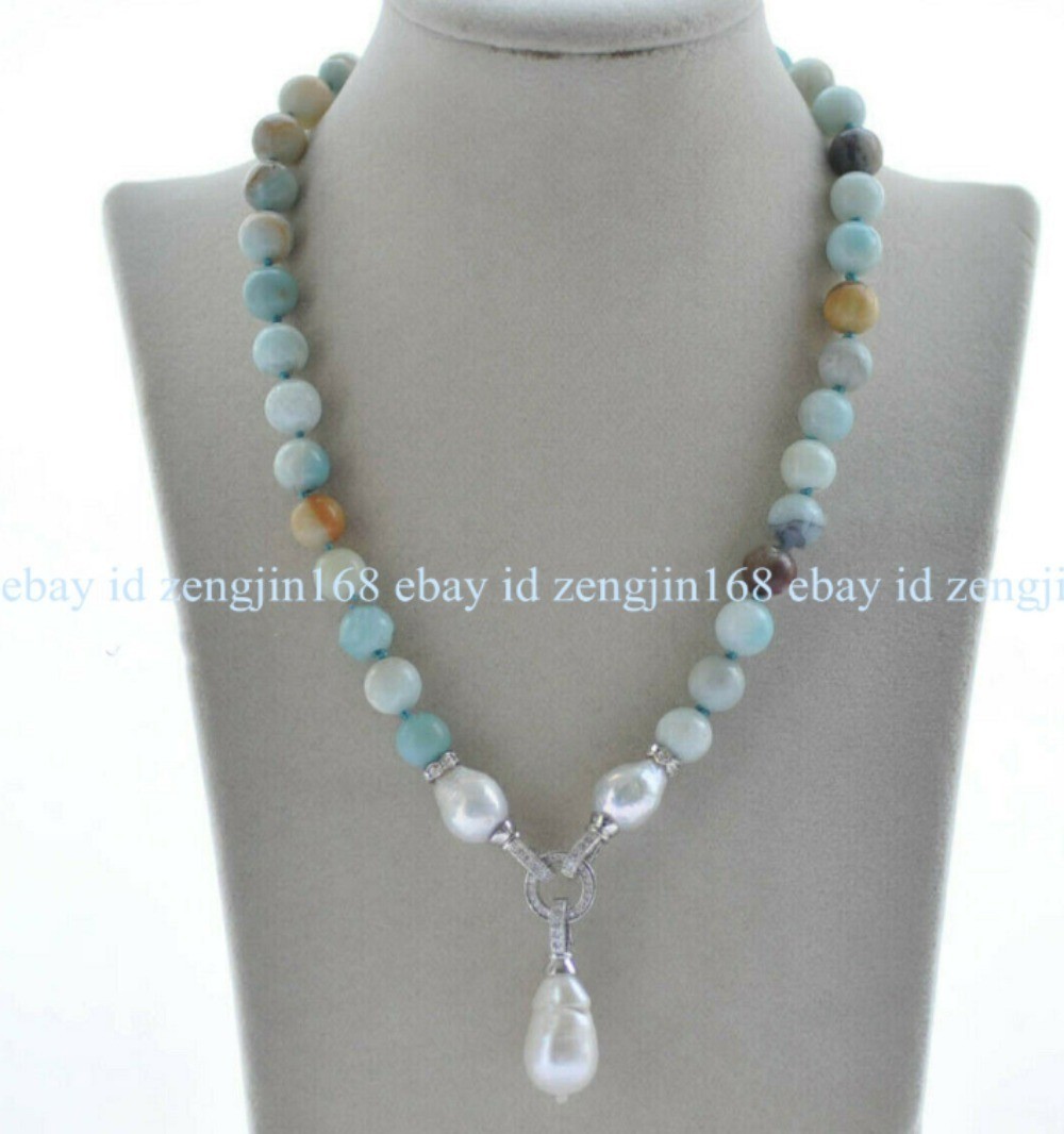 Natural 10mm Amazonite Gems White Baroque Pearl Pendant Necklace +Earring 20in