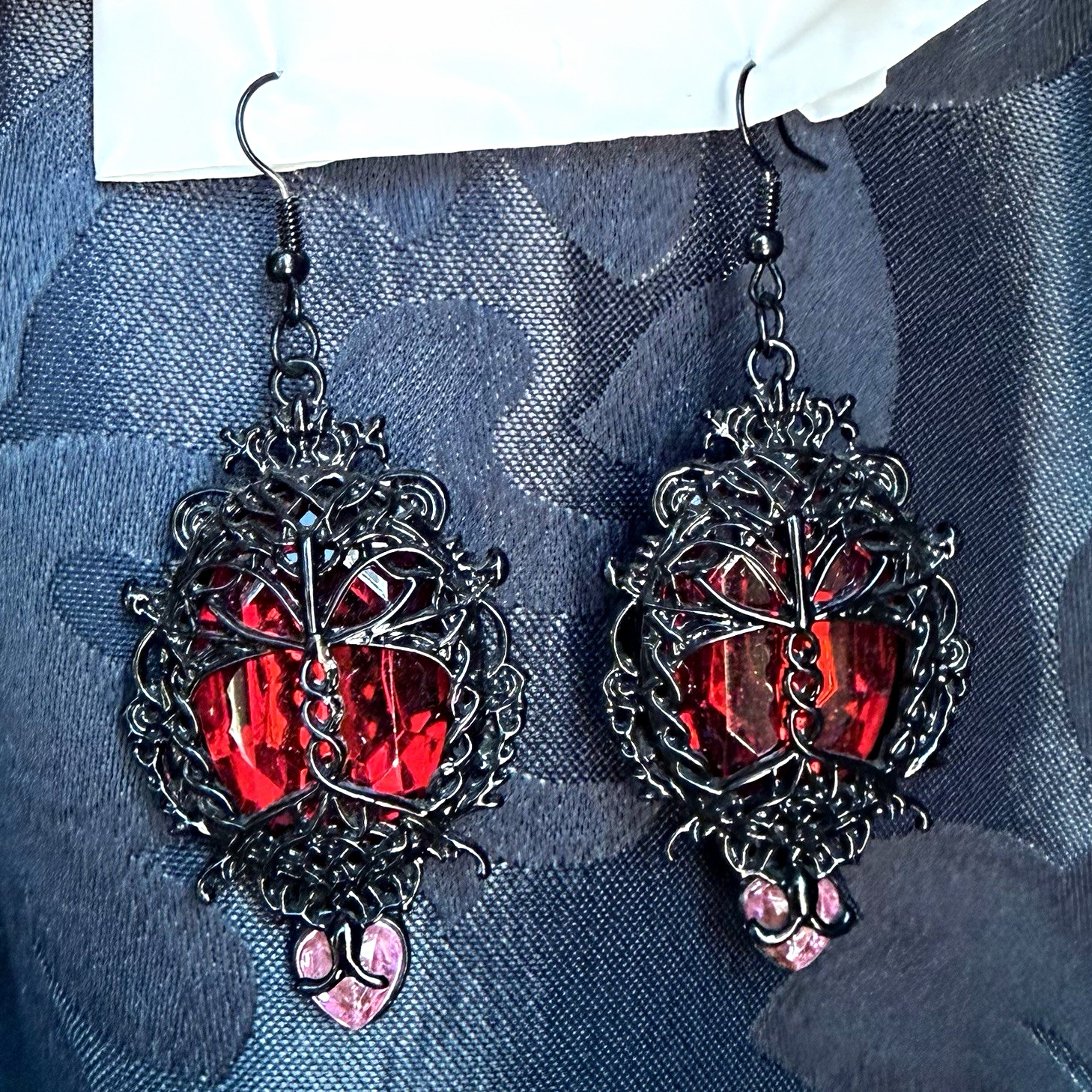 Black Gothic Dangle Hook Earrings Red Oval Crystals