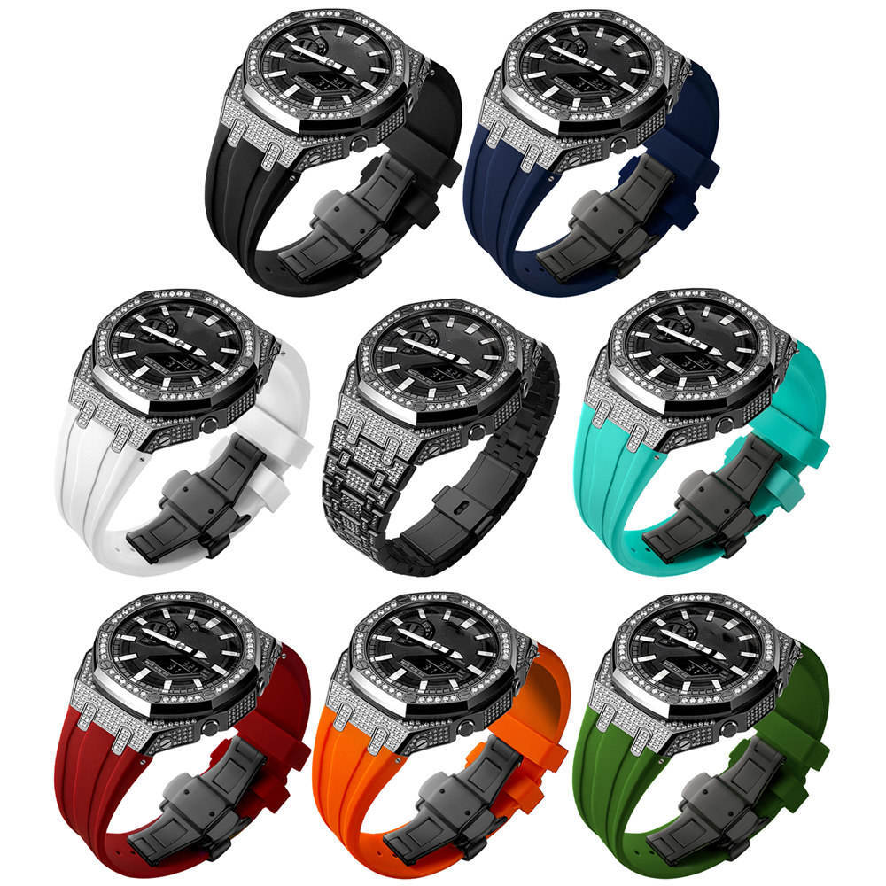 Bling Diamond Stainless Steel Case + Rubber Strap AP MOD KIT for G-SHOCK GA-2100