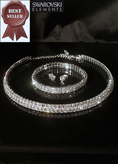 Jewelry Set Swarovski Elements Two Tiers Choker Tennis Bracelet Stud Earrings