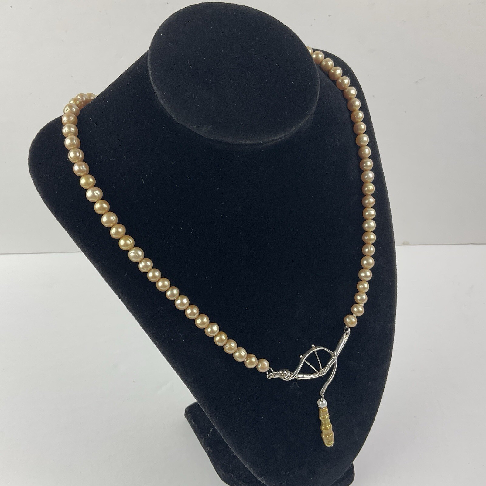 Artisan Sterling Silver Baroque Dangle Pendant Necklace Golden Pearl Near Round