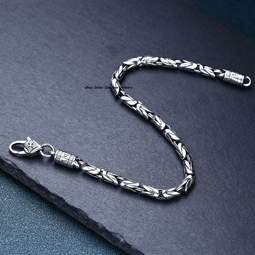 Pure S925 Sterling Silver Chain Solid 4mm Byzantine Link Bracelet 7.1-7.9inch