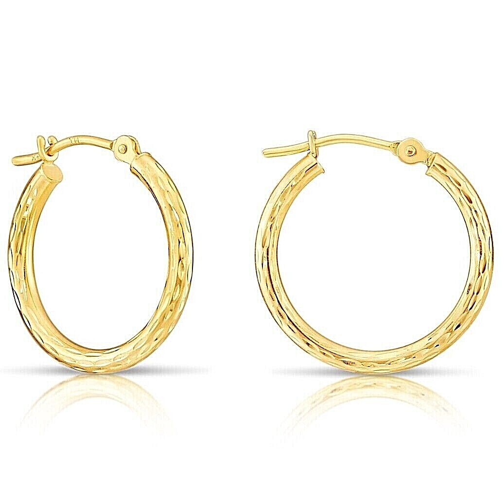 14K Solid Yellow Gold Hand Engraved Full Diamond-Cut Round Hoop Earrings 11-45mm