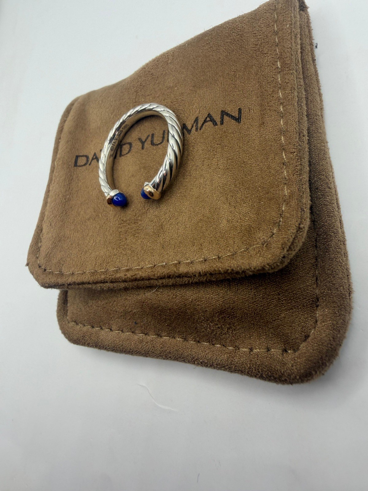 David Yurman Sterling Silver Petite Cable Open Ring W/ 14k Gold & Lapis Size 7
