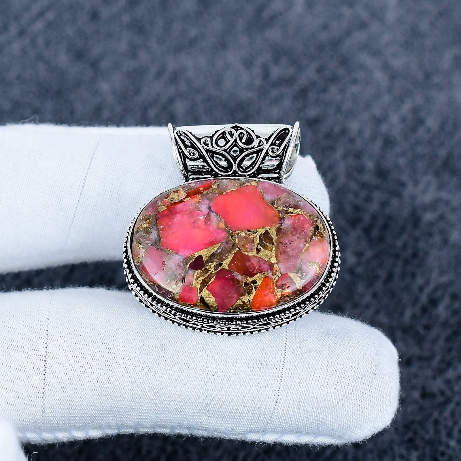 Orange Copper Turquoise Pendant Gemstone Handmade 925 Sterling Silver Jewelry