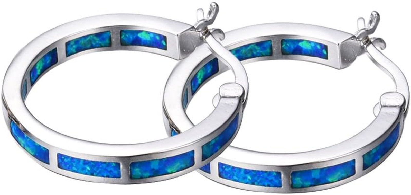 925 Sterling Silver Hoop Earring, Opal Small Small, Blue and Sliver