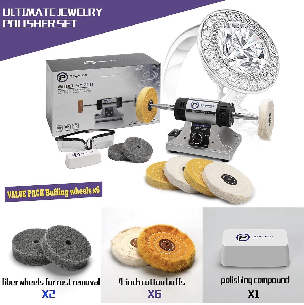 Variable Speed Bench, Buffer Jewelry Polishing Machine Kit ,Opavioc Model-SY320