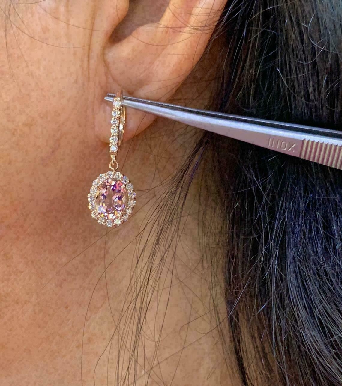 4Ct Oval Cut Morganite Diamond Halo Drop & Dangle Earrings 14K Rose Gold Finish