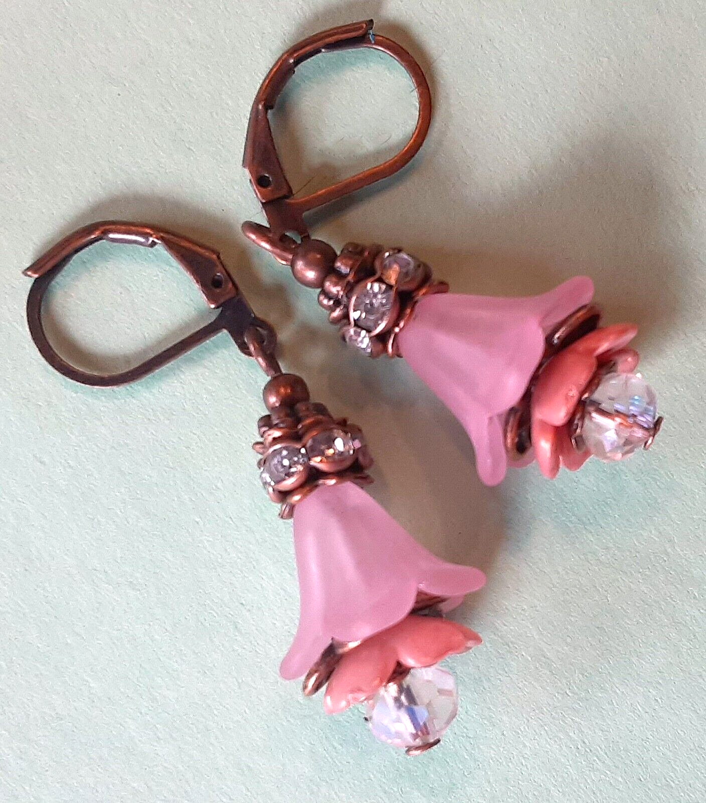 PINK PEACH acrylic FLOWER with CRYSTAL ring earring COPPER color LEVER BACK XX
